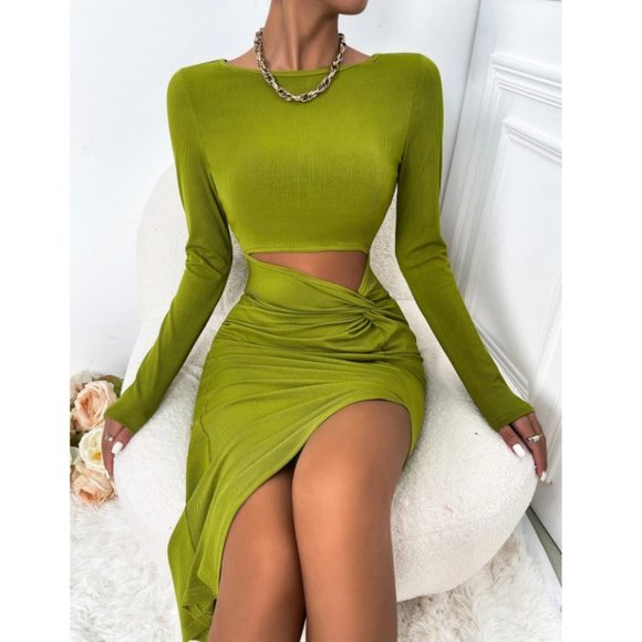 Cut Out Twist Front Slit Thigh Bodycon Lime Green Dress - Picture 3 of 6